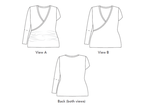 Cashmerette Dartmouth Top sewing pattern – cross-over jersey top with wrap or ruched front, three sleeve lengths, and banded neckline.