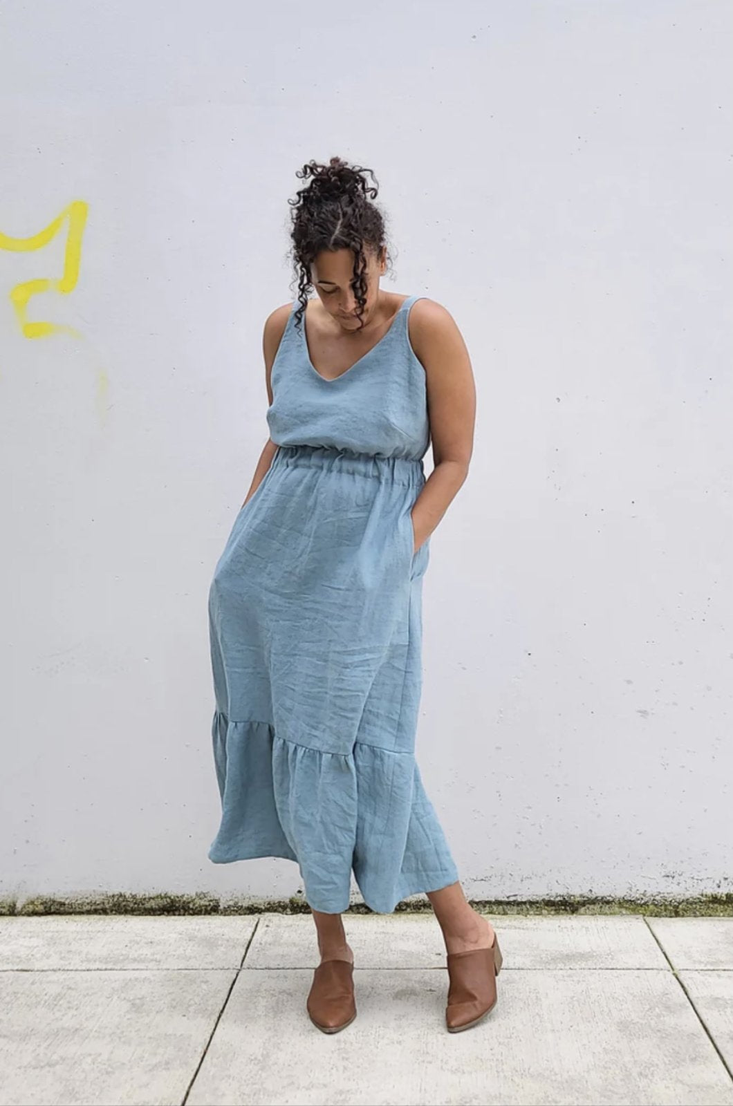 Sew House Seven Sauvie Sundress sewing pattern for standard sizes 00–20 with strappy V-neck design, pocket variations, and customizable lengths.