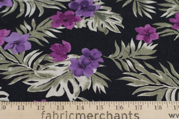 Linen Print - Tropical Flowers - Black and Purple