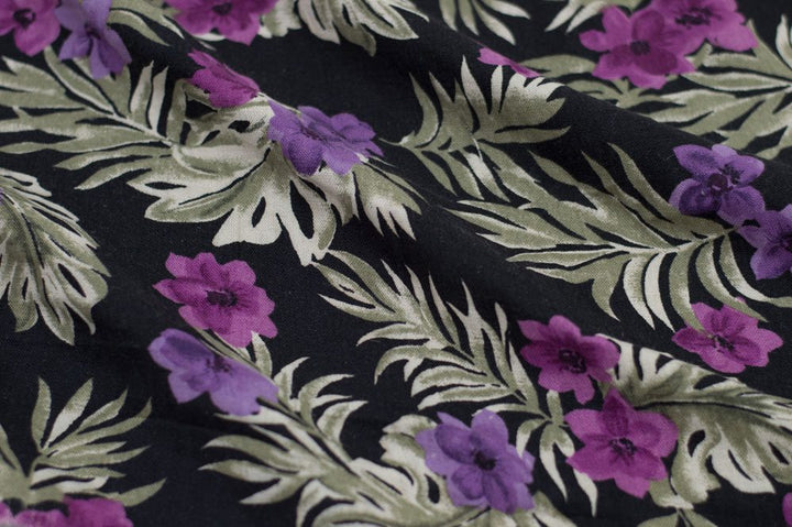 Linen Print - Tropical Flowers - Black and Purple