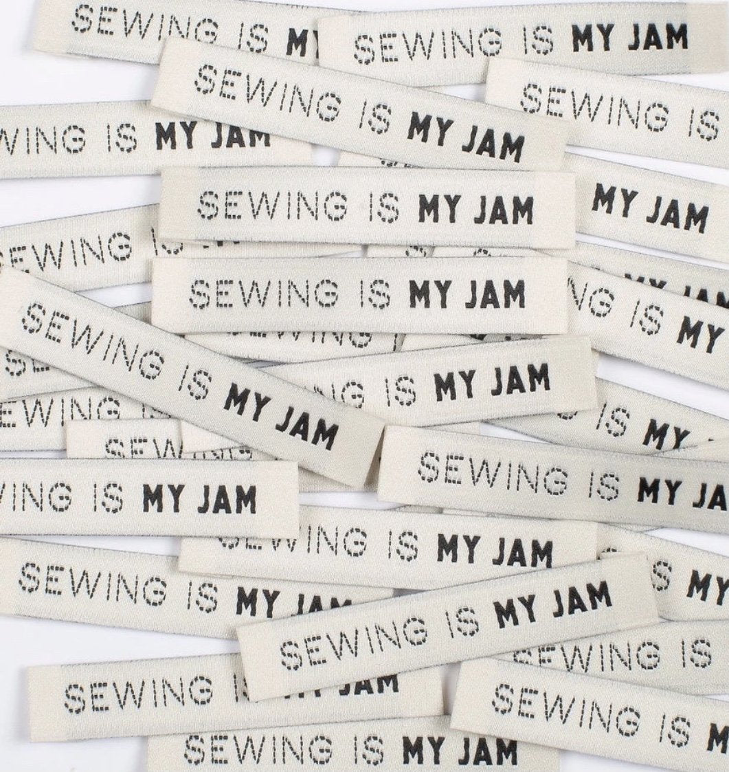 Elegant 'Sewing is my Jam' woven labels in ivory and black - premium sewing tags for handmade garments