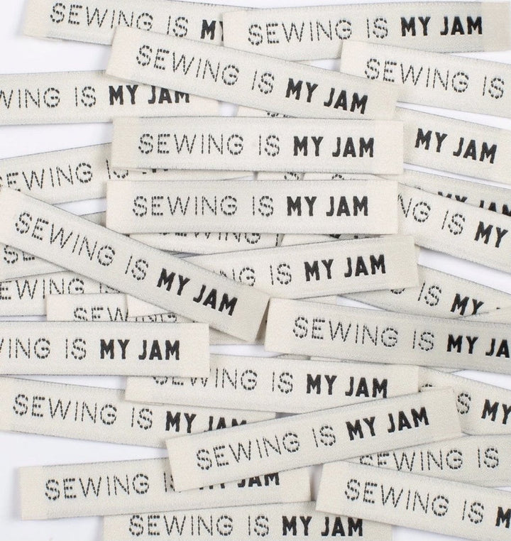 Elegant 'Sewing is my Jam' woven labels in ivory and black - premium sewing tags for handmade garments