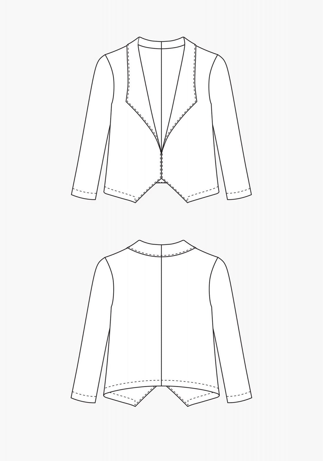 Grainline Studio Morris Blazer sewing pattern with shawl collar, bracelet-length sleeves, medium weight fabric, sizes 0–18