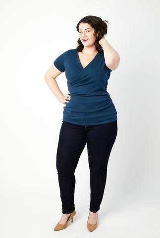 Cashmerette Dartmouth Top sewing pattern – cross-over jersey top with wrap or ruched front, three sleeve lengths, and banded neckline.