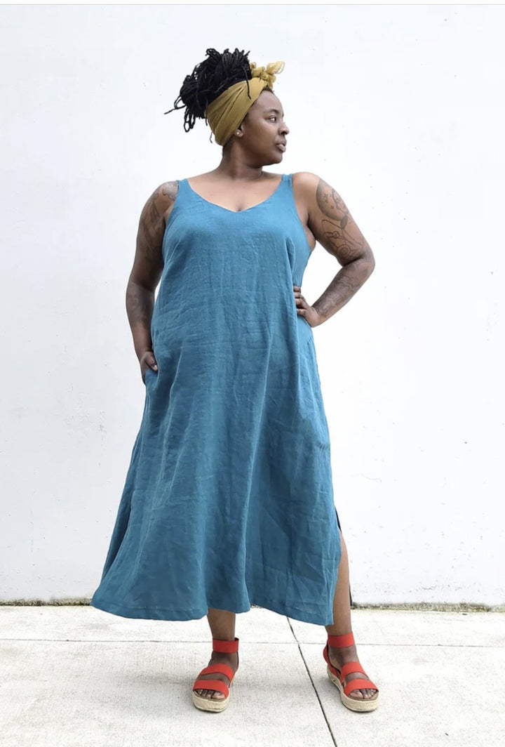 Sew House Seven Sauvie Sundress sewing pattern for curvy sizes with V-necklines, narrow straps, and pocket variations.