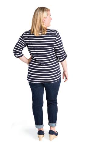 Cashmerette Concord T-Shirt sewing pattern with multiple neckline and sleeve options for curvy sizes C–H