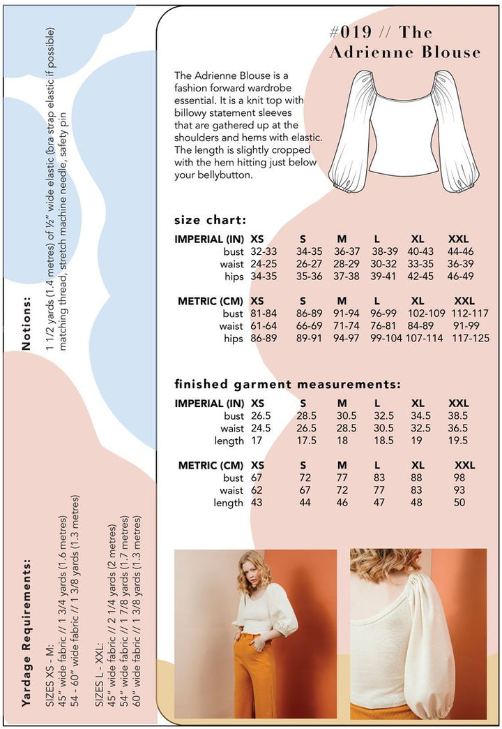 Friday Pattern Co. Adrienne Blouse with billowy elastic sleeves and cropped hem in knit fabric
