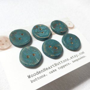 Small Teal Wooden Buttons – Handmade Distressed Two-Hole 20mm Buttons for Jackets & Cardigans – Set of 6