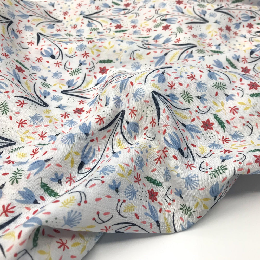 Cotton Viscose Voile Floral Party White fabric showing sky blue, coral, pink, green, and wheat floral pattern