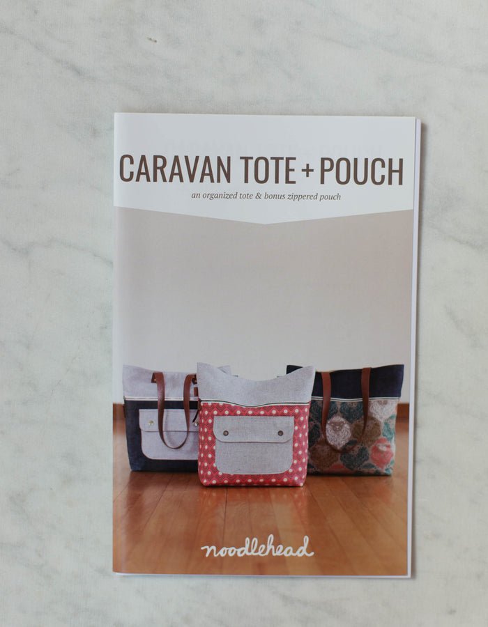 Noodlehead Caravan Tote and Pouch sewing pattern for DIY knitting bag with zippered pockets and matching accessory