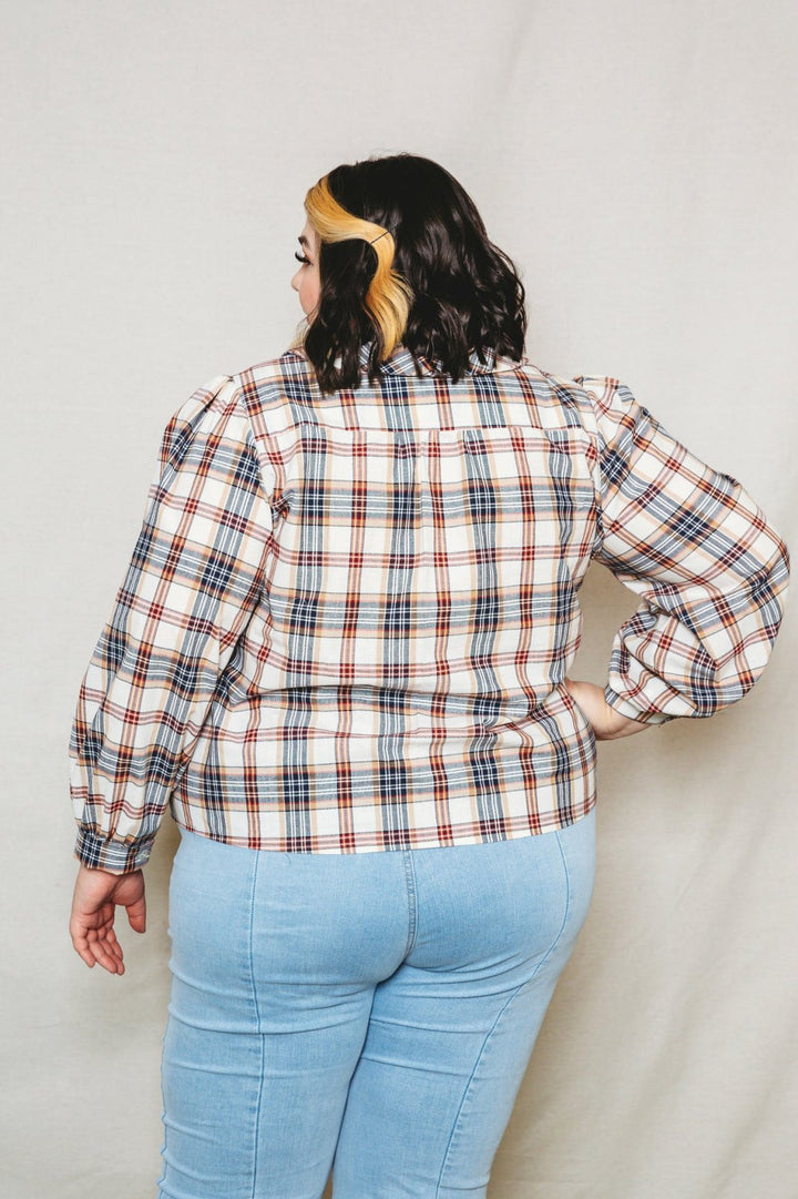 Friday Pattern Co. - The Patina Blouse sewing pattern for collared v-neck button-up top with sleeve and neckline variations in sizes XS–7X