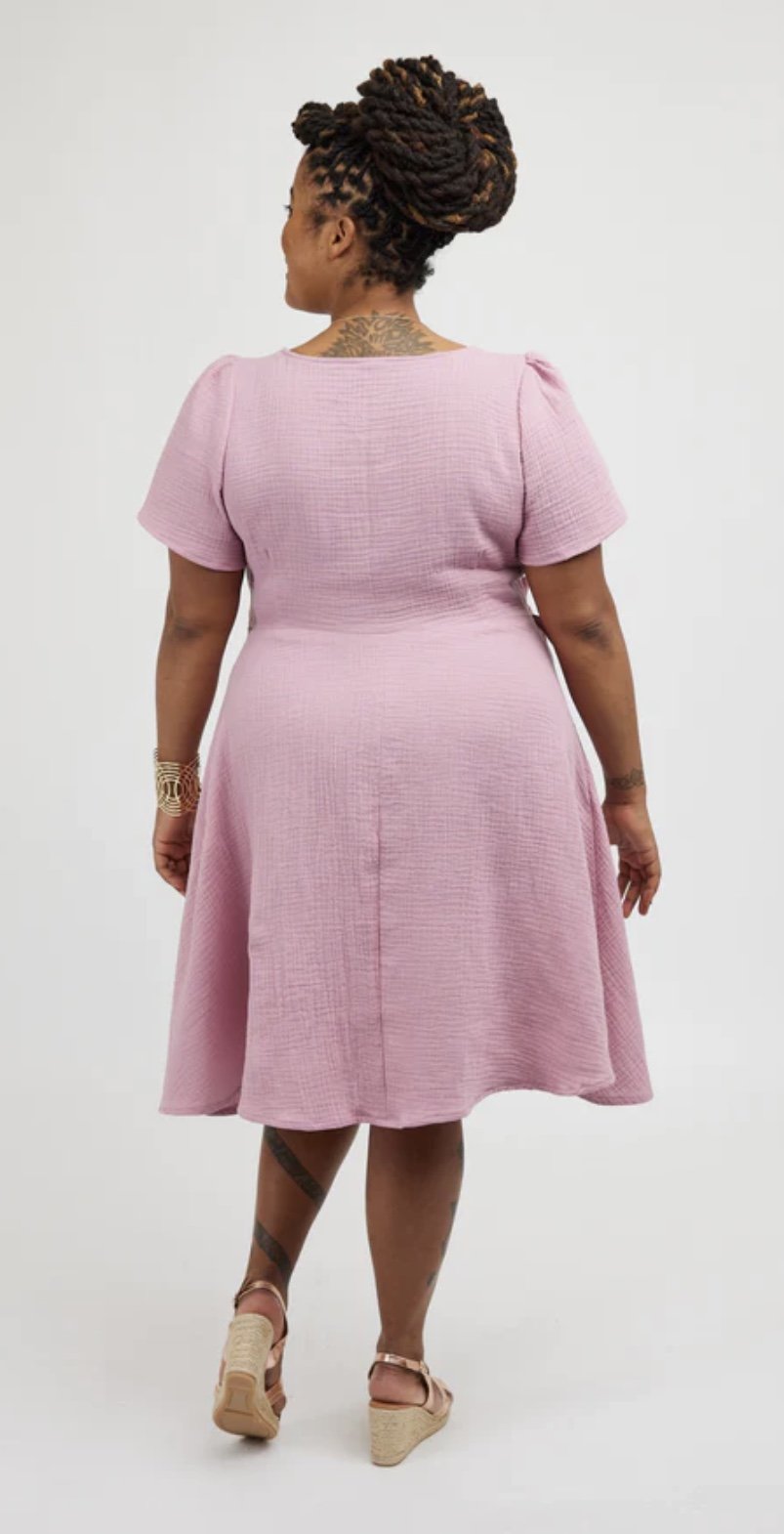 Cashmerette Roseclair Dress sewing pattern with wrap design, three sleeve and skirt variations, and curve-friendly fit in sizes 0–32.