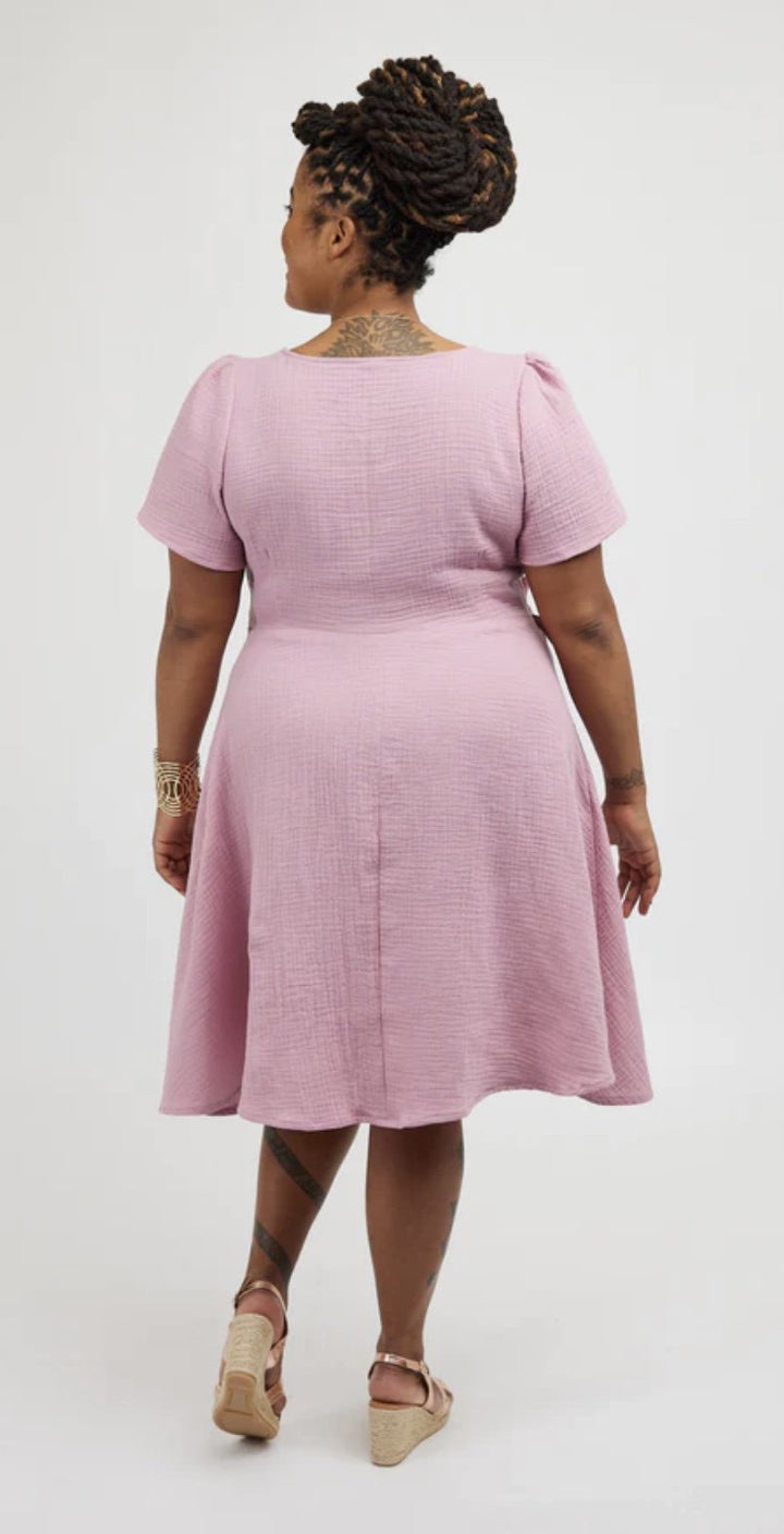 Cashmerette Roseclair Dress sewing pattern with wrap design, three sleeve and skirt variations, and curve-friendly fit in sizes 0–32.