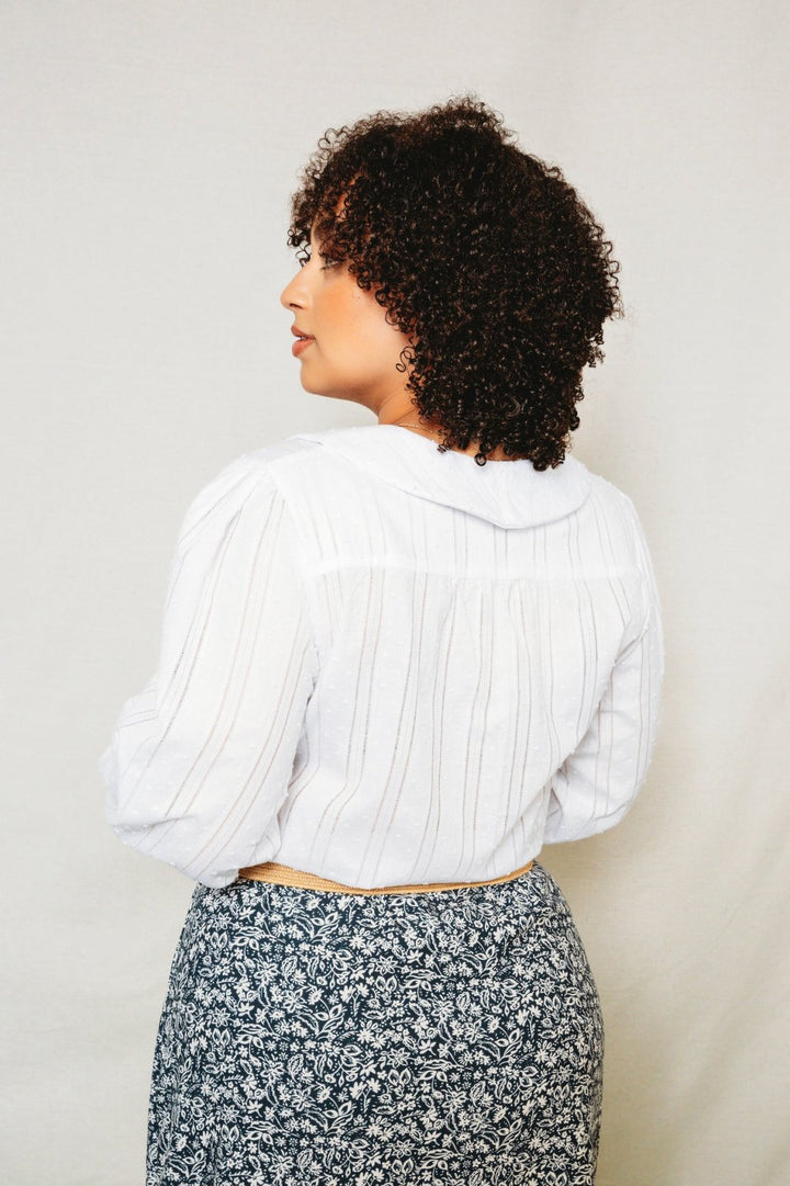 Friday Pattern Co. - The Patina Blouse sewing pattern for collared v-neck button-up top with sleeve and neckline variations in sizes XS–7X