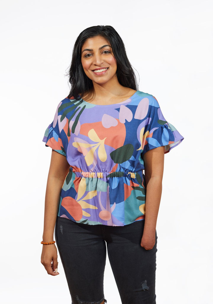 Grainline Studio Corbin Top sewing pattern for sizes 0–18, featuring ruffled cap and 3/4-length sleeve options.