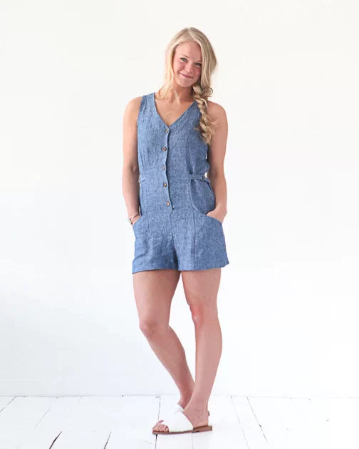 True Bias Rory Jumpsuit sewing pattern with sleeveless and extended sleeve options, shorts or ankle-length pants, and optional waist ties.