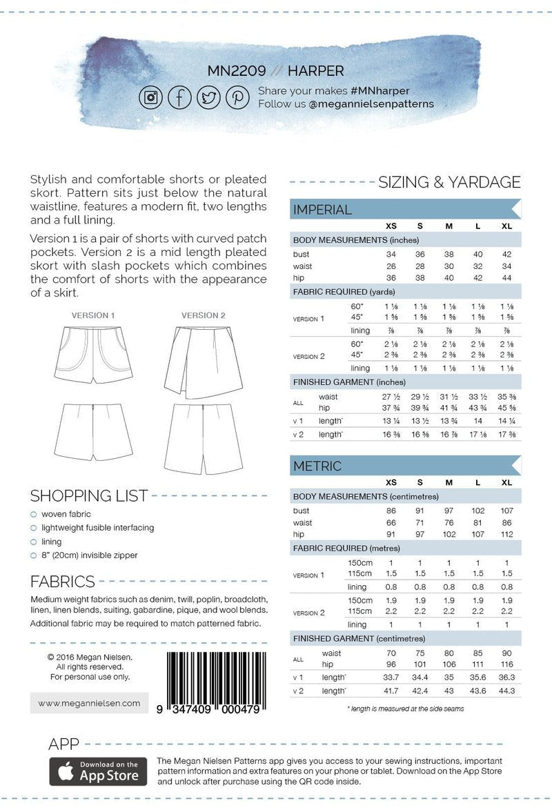 Megan Nielsen - Harper sewing pattern for stylish shorts or pleated skort with pockets, full lining, and modern fit in sizes XS–XL