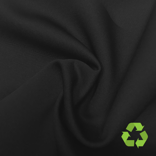 Black Endurance Repreve recycled polyester spandex fabric, eco-friendly activewear material with stretch, moisture-wicking, and UV protection
