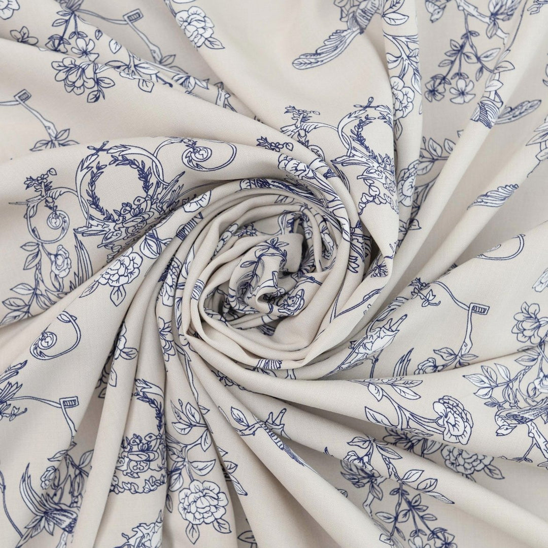 Rayon Poplin Indigo Sketch Floral fabric – 100% rayon, OEKO-TEX certified, soft linen base with indigo and white floral print, 56-inch width