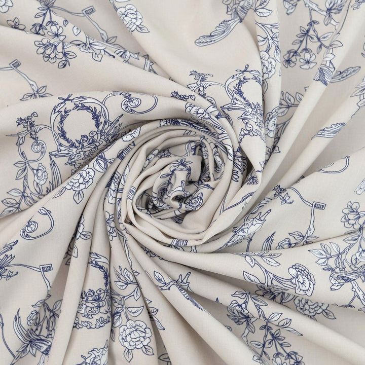 Rayon Poplin Indigo Sketch Floral fabric – 100% rayon, OEKO-TEX certified, soft linen base with indigo and white floral print, 56-inch width