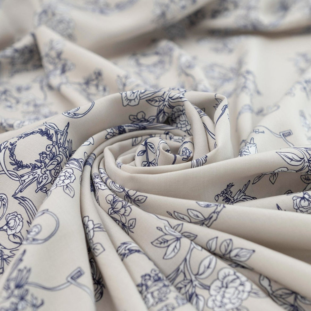Rayon Poplin Indigo Sketch Floral fabric – 100% rayon, OEKO-TEX certified, soft linen base with indigo and white floral print, 56-inch width