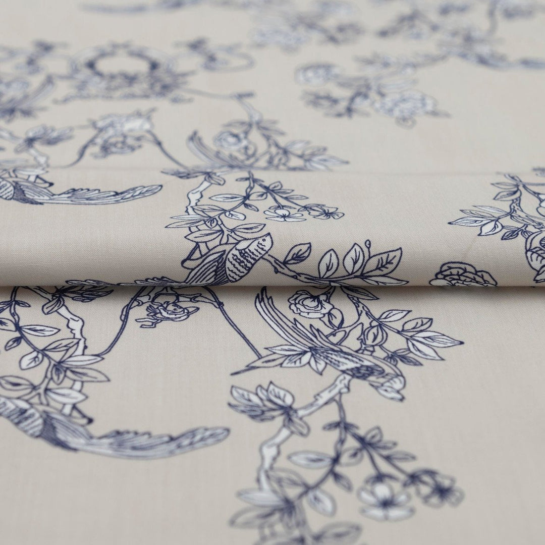 Rayon Poplin Indigo Sketch Floral fabric – 100% rayon, OEKO-TEX certified, soft linen base with indigo and white floral print, 56-inch width