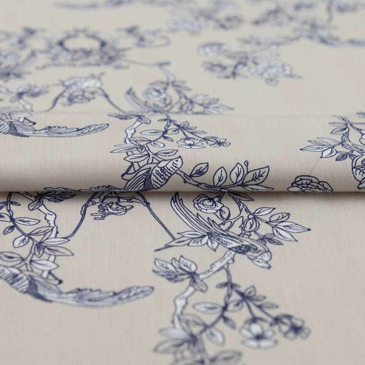 Rayon Poplin Indigo Sketch Floral fabric – 100% rayon, OEKO-TEX certified, soft linen base with indigo and white floral print, 56-inch width