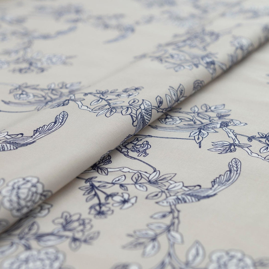 Rayon Poplin Indigo Sketch Floral fabric – 100% rayon, OEKO-TEX certified, soft linen base with indigo and white floral print, 56-inch width
