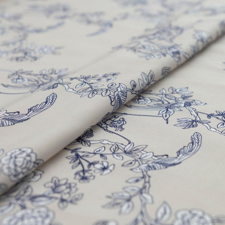 Rayon Poplin Indigo Sketch Floral fabric – 100% rayon, OEKO-TEX certified, soft linen base with indigo and white floral print, 56-inch width