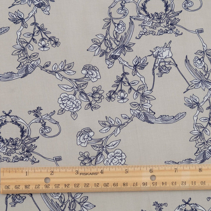 Rayon Poplin Indigo Sketch Floral fabric – 100% rayon, OEKO-TEX certified, soft linen base with indigo and white floral print, 56-inch width