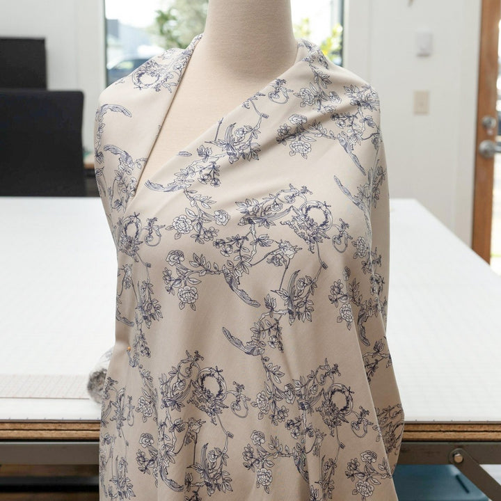 Rayon Poplin Indigo Sketch Floral fabric – 100% rayon, OEKO-TEX certified, soft linen base with indigo and white floral print, 56-inch width