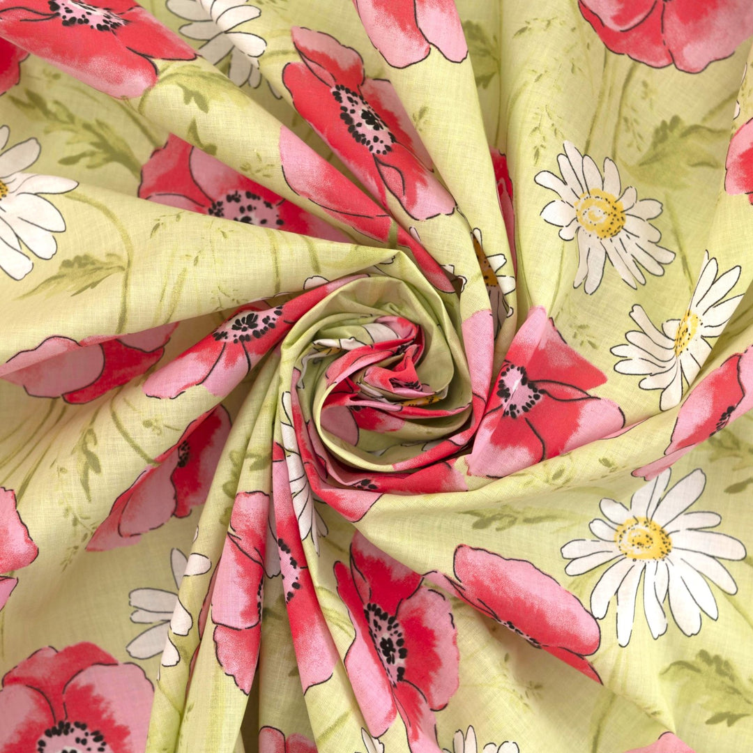 Cotton Lawn Spring Blossom – 100% cotton, 56 inches wide, lightweight breathable fabric with pink and red floral prints for blouses, dresses, and skirts
