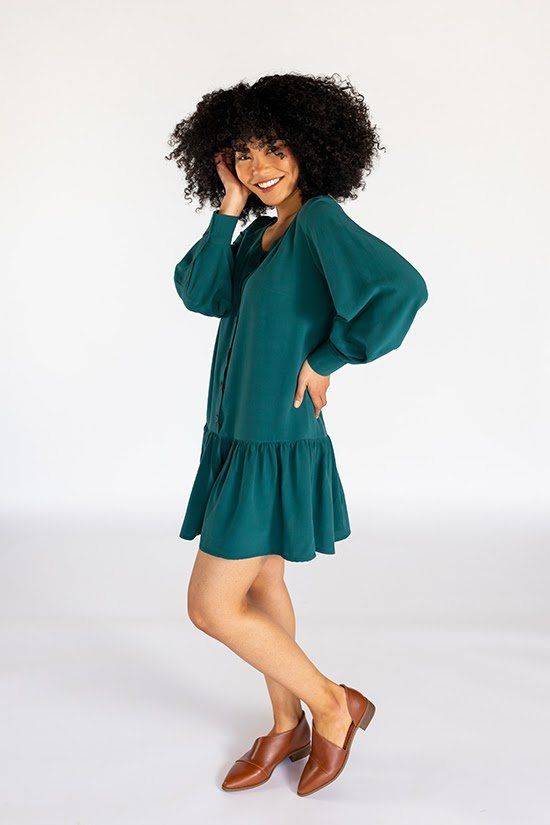 Chalk & Notch Wren Blouse & Dress sewing pattern with button-front and statement sleeves
