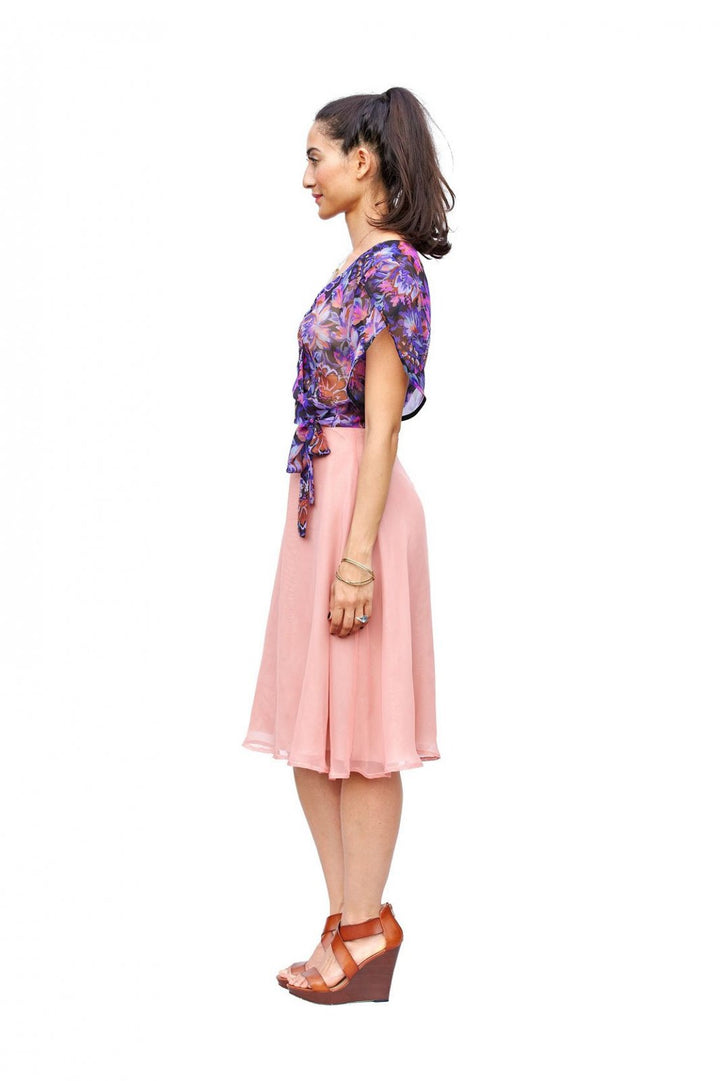 Victory Patterns Nicola wrap dress with tulip skirt, petal sleeves, and sash closure in lightweight fabric
