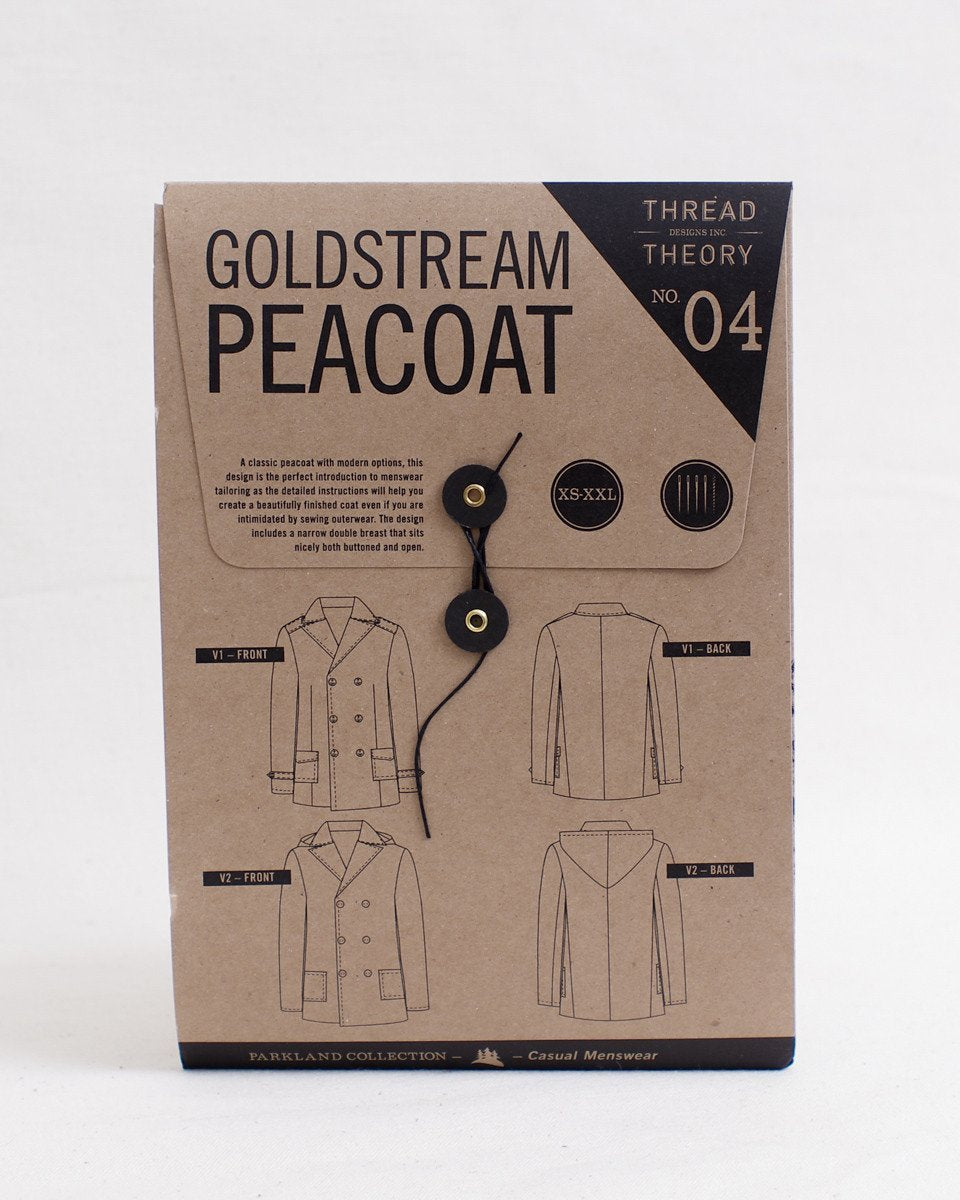 Thread Theory Goldstream Peacoat sewing pattern classic double-breasted wool coat with removable hood and lined pockets