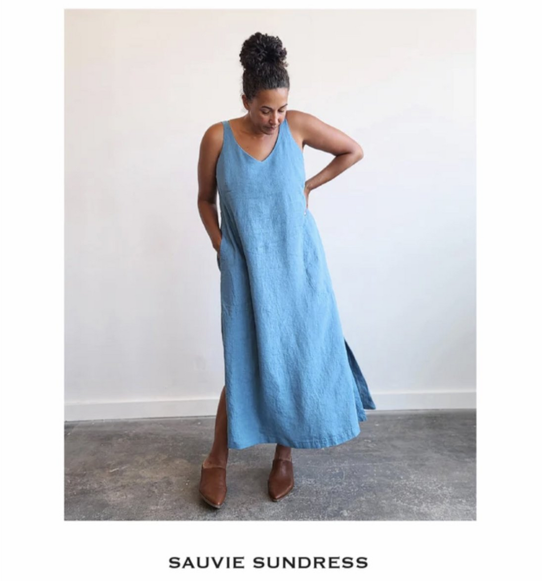Sew House Seven Sauvie Sundress sewing pattern for standard sizes 00–20 with strappy V-neck design, pocket variations, and customizable lengths.