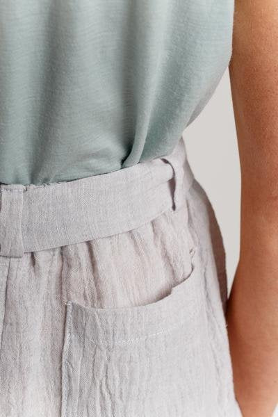 Megan Nielsen Opal sewing pattern for high-waist pants and shorts with paper bag and elastic waist options