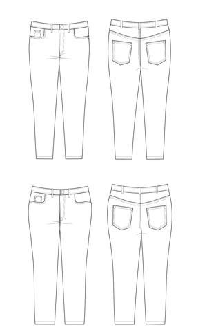 Cashmerette Ames Jeans sewing pattern – 5-pocket denim jeans with high-rise waist and skinny or straight leg options.