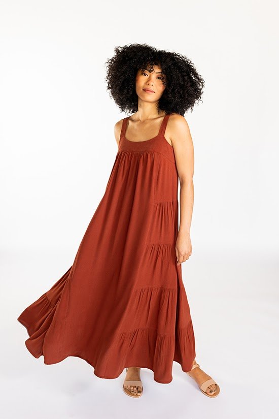 Chalk & Notch Marcel Dress & Tank Top sewing pattern with fitted high bust and flowing silhouette