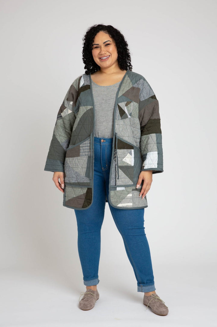 Megan Nielsen Hovea sewing pattern for curvy sizes, featuring loose-fit drop shoulder jackets and coats with multiple lengths
