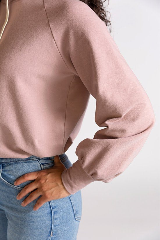 Chalk & Notch Page Hoodie sewing pattern cropped hooded sweatshirt with banded or drawstring hem and interchangeable sleeves