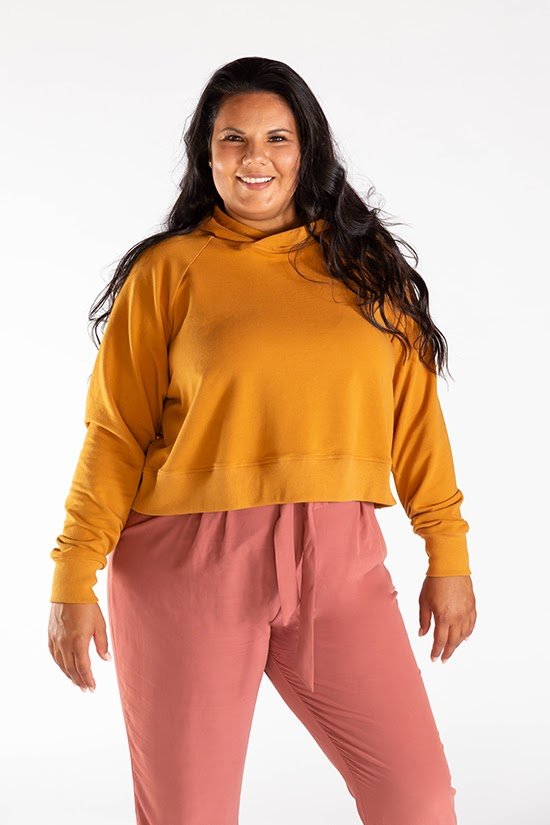 Chalk & Notch Page Hoodie sewing pattern cropped hooded sweatshirt with banded or drawstring hem and interchangeable sleeves