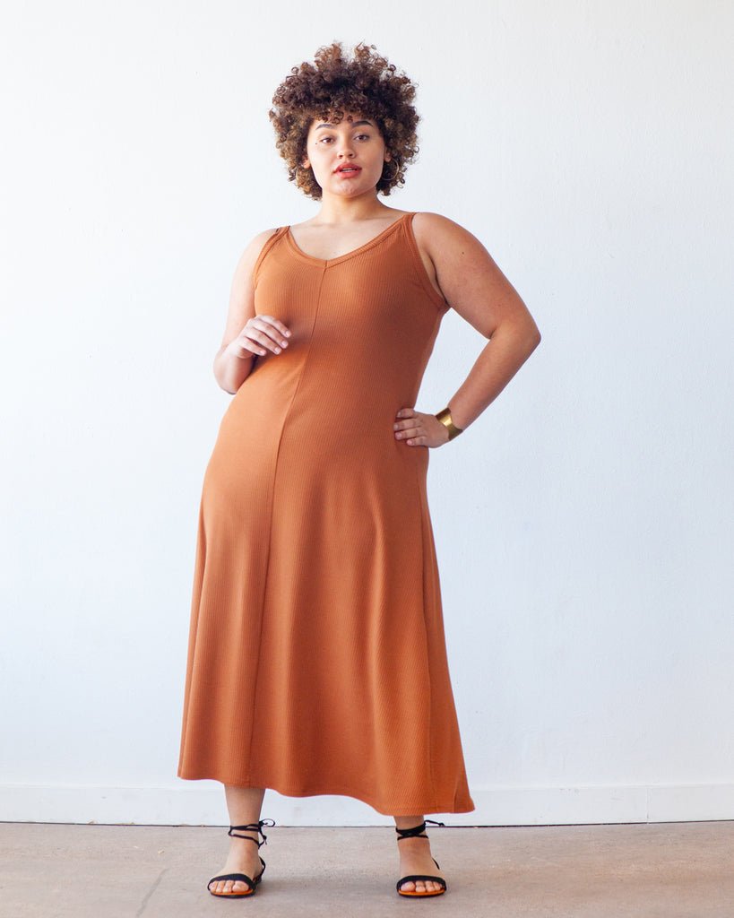 True Bias Zoey Tank & Dress sewing pattern with cropped tank, hip-length tank, and fit-and-flare dress variations in sizes 0–32.