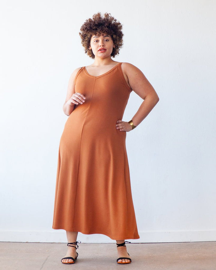 True Bias Zoey Tank & Dress sewing pattern with cropped tank, hip-length tank, and fit-and-flare dress variations in sizes 0–32.