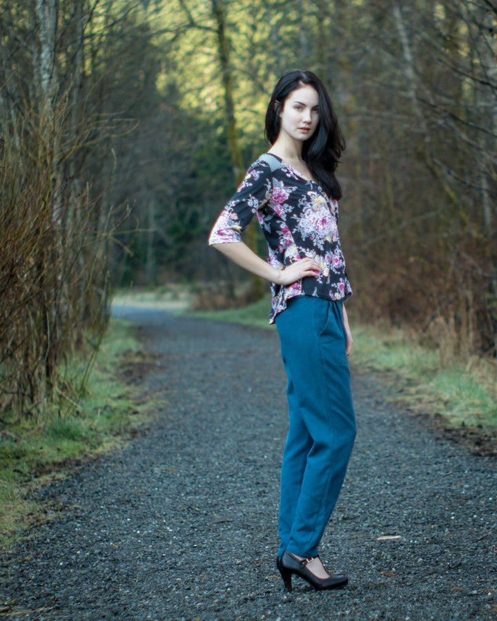 Thread Theory Camas Blouse sewing pattern with gathered yokes, curved V-neckline, and slim elbow-length sleeves