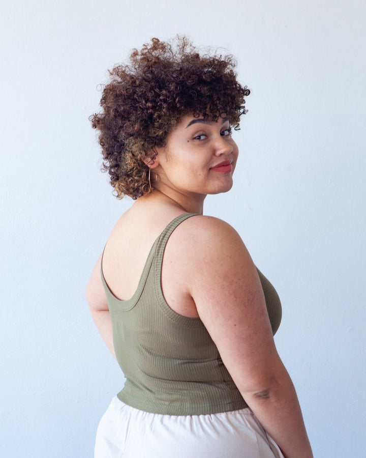 True Bias Zoey Tank & Dress sewing pattern with cropped tank, hip-length tank, and fit-and-flare dress variations in sizes 0–32.