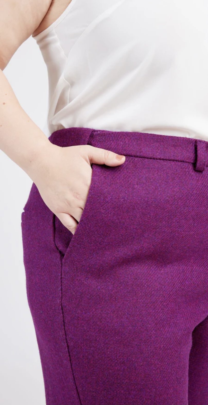Cashmerette Meriam Trousers sewing pattern for curvy sizes 12–32 with flex waistband and classic trouser details.