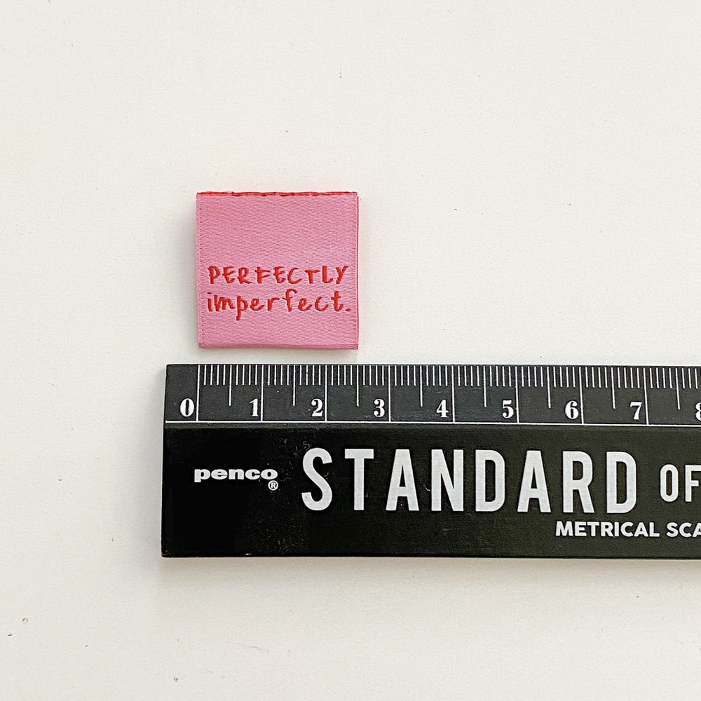 Kylie and the Machine Perfectly Imperfect woven labels - pink and red HD Oeko-Tex certified sewing tags for clothing branding