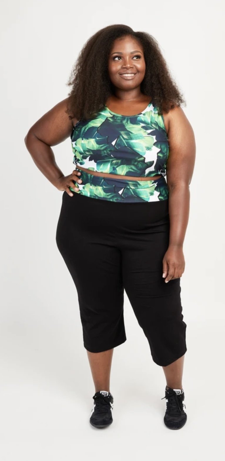 Cashmerette Saybrook Tank sewing pattern with scoop neckline and knot front hem in stretch knit fabric