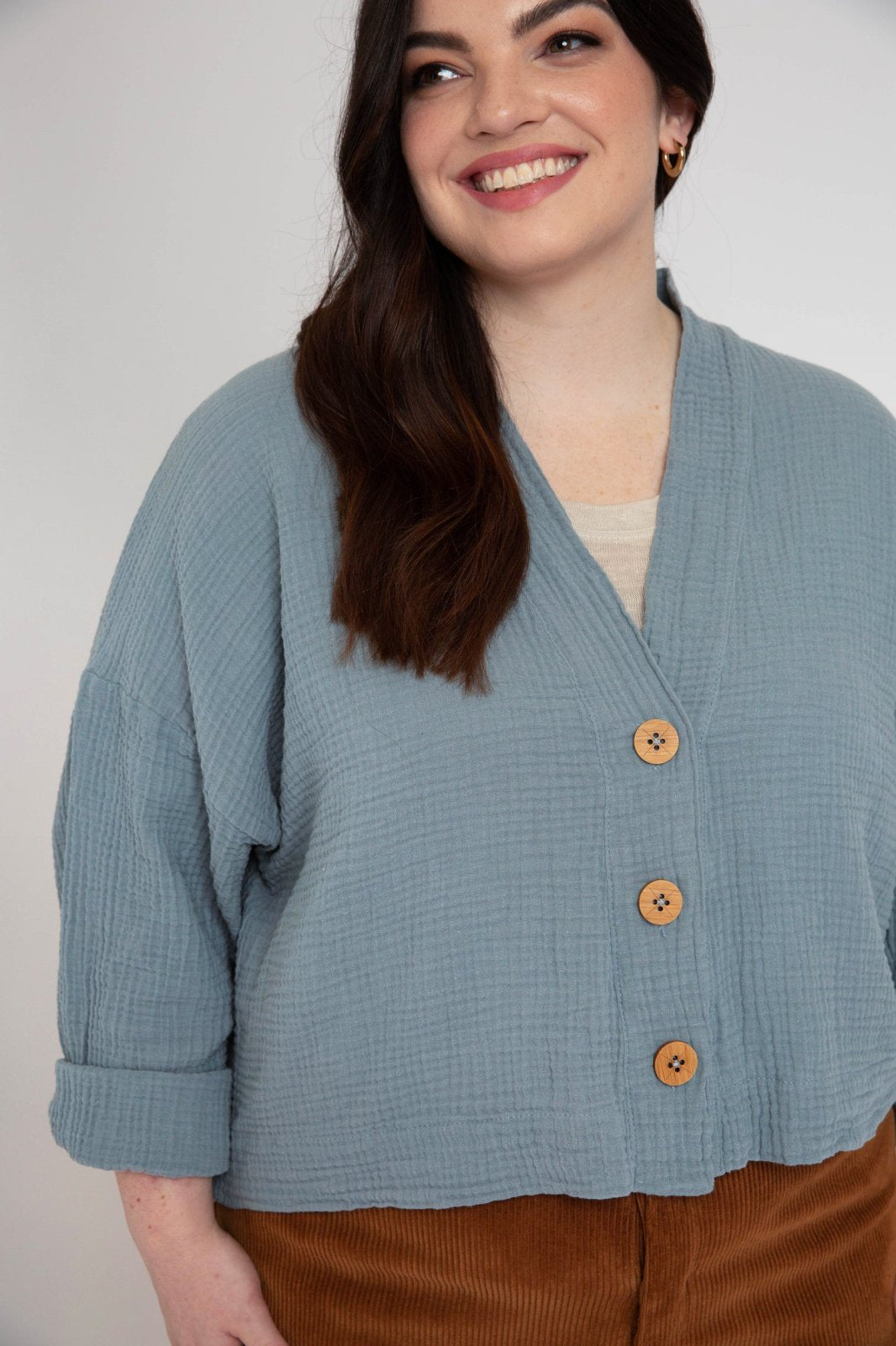 Megan Nielsen Hovea sewing pattern for curvy sizes, featuring loose-fit drop shoulder jackets and coats with multiple lengths